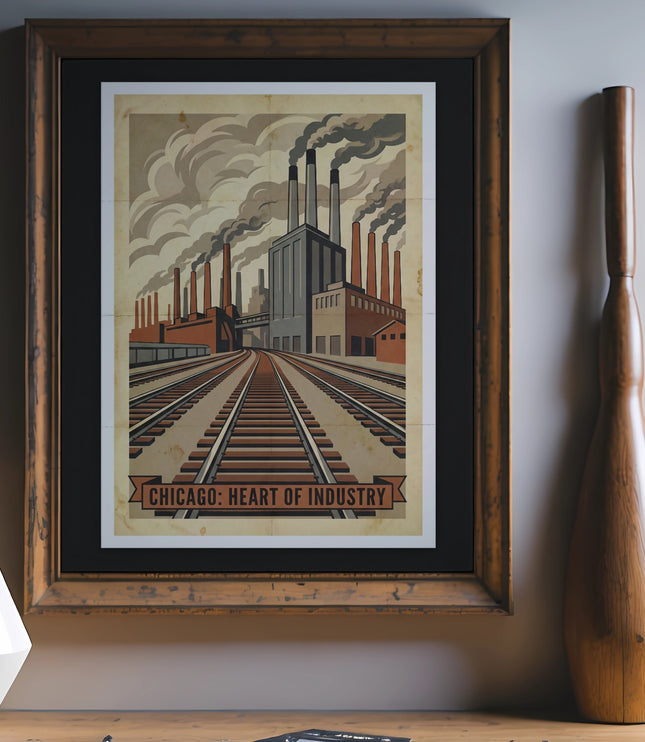 Framed poster of "Chicago: Heart of Industry" art with factories and train tracks.