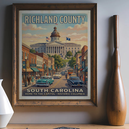 Richland County South Carolina vintage poster with state capitol building and historic street scene.