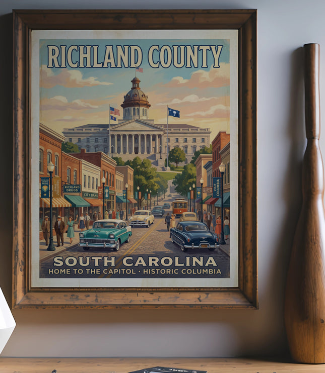 Richland County South Carolina vintage poster with state capitol building and historic street scene.