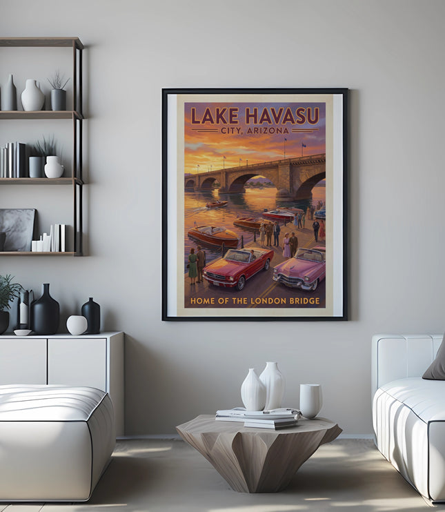 Vintage poster of Lake Havasu City, Arizona, showing the London Bridge and boats.