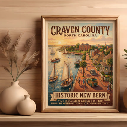 Craven County North Carolina vintage poster with ships and historic New Bern.