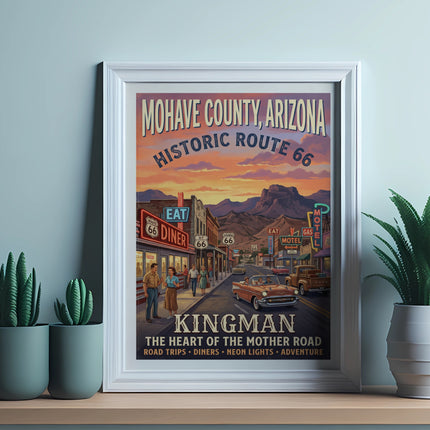 Kingman, Arizona Route 66 poster with vintage cars and diners at sunset.