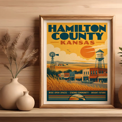 Vintage Hamilton County, Kansas travel poster with windmill and town buildings.