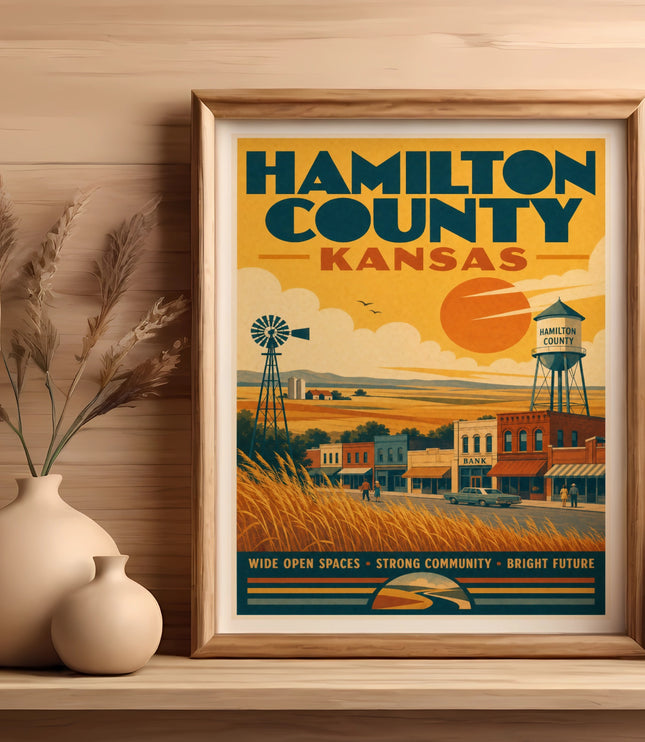 Vintage Hamilton County, Kansas travel poster with windmill and town buildings.