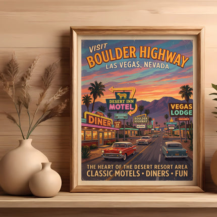 Vintage poster of Boulder Highway, Las Vegas, with classic cars and motels.
