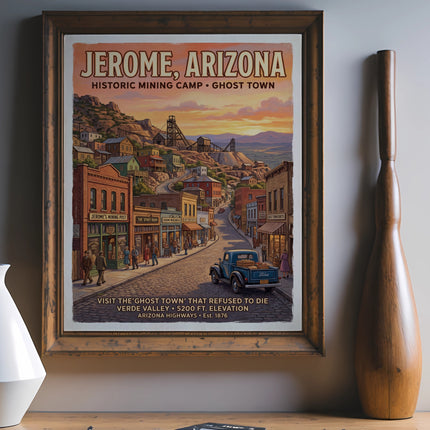 Jerome, Arizona vintage travel poster depicting mining town with Ford truck.