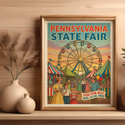 Framed poster of the Pennsylvania State Fair with Ferris wheel and happy people.