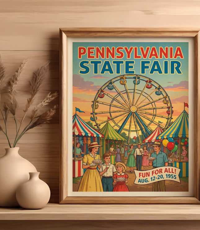 Framed poster of the Pennsylvania State Fair with Ferris wheel and happy people.