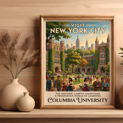 Poster of Columbia University historic campus courtyard with New York City skyline.