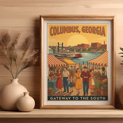 Framed print of Columbus, Georgia, featuring riverboat and market scene.