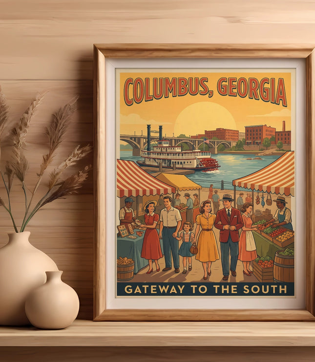 Framed print of Columbus, Georgia, featuring riverboat and market scene.
