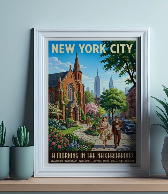 New York City retro poster with couple walking past church, buildings, and vintage cars.