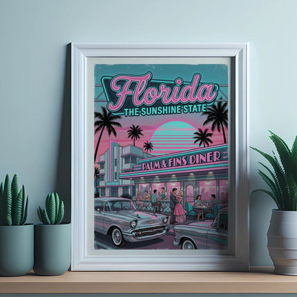 Retro Florida sunshine state poster with palm trees and cars.