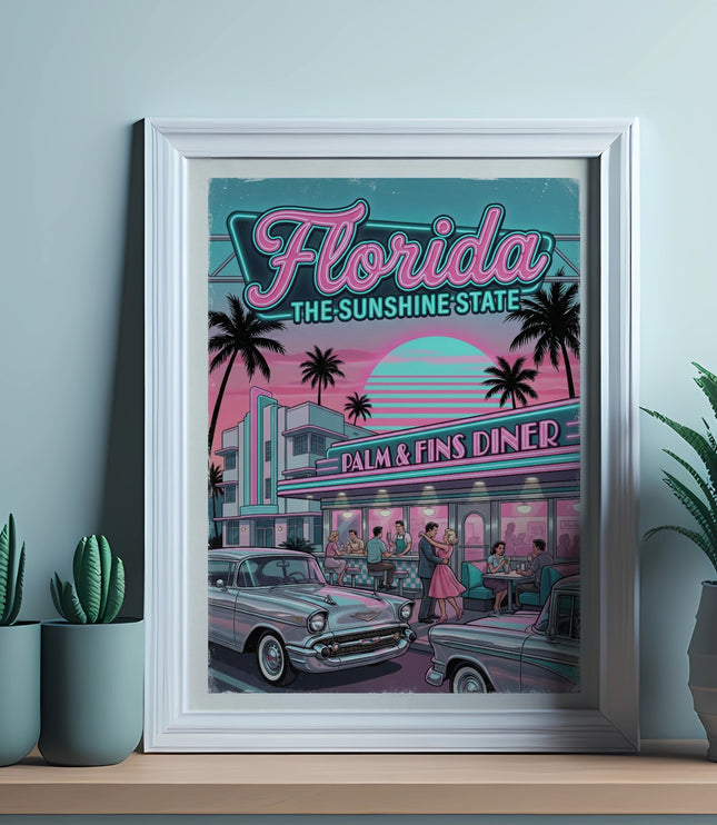 Retro Florida sunshine state poster with palm trees and cars.