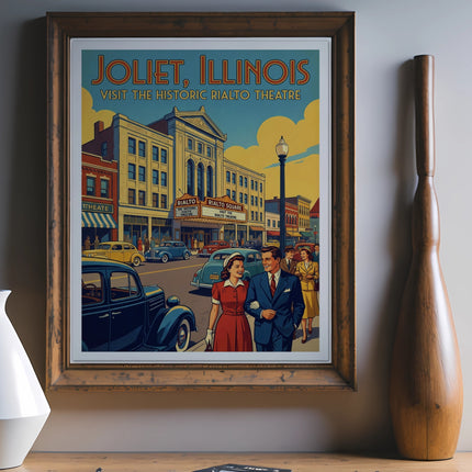 Joliet, Illinois Rialto Theatre vintage travel poster with couple.