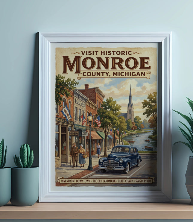 Vintage travel poster for Monroe County, Michigan, featuring a street scene and river.