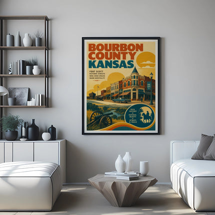 Bourbon County Kansas poster featuring Fort Scott, historic streets, and natural beauty.