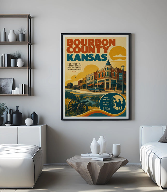 Bourbon County Kansas poster featuring Fort Scott, historic streets, and natural beauty.
