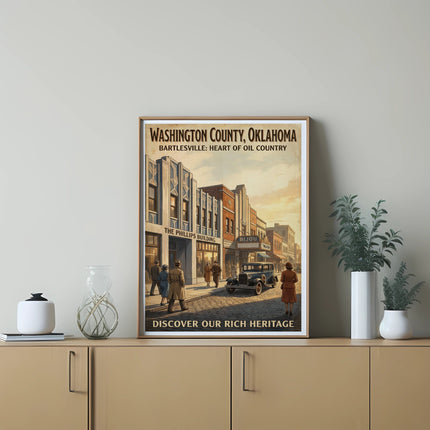 Vintage poster of Washington County, Oklahoma with Bijou Theater and Phillips Building.