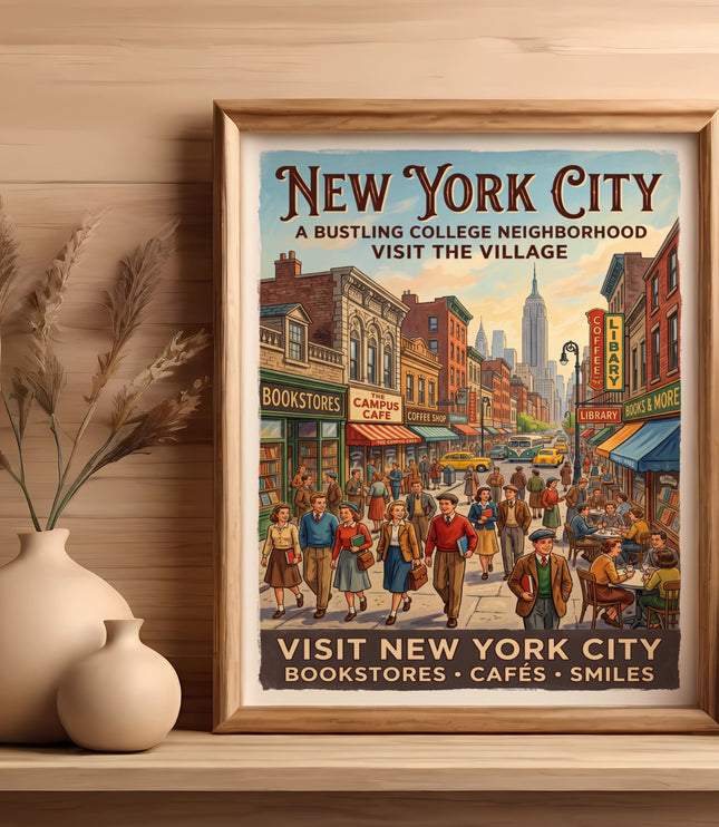 New York City poster showing a bustling street scene with Empire State Building.