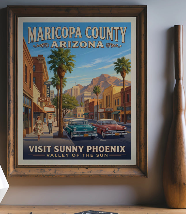 Framed Maricopa County Arizona travel poster with classic cars and text.