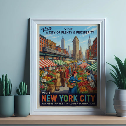 Vintage New York City Farmers Market poster with text about Lower Manhattan.
