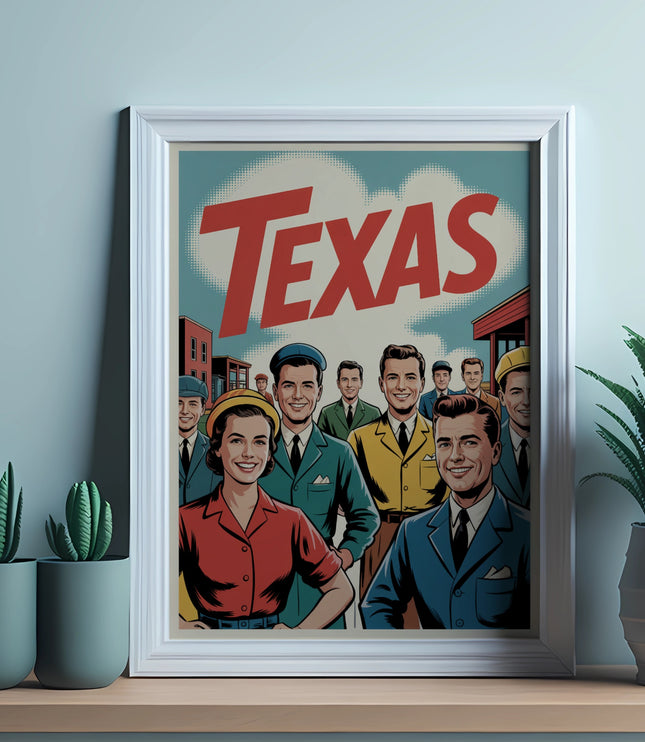 Vintage poster with "TEXAS" text above smiling people in retro clothing.