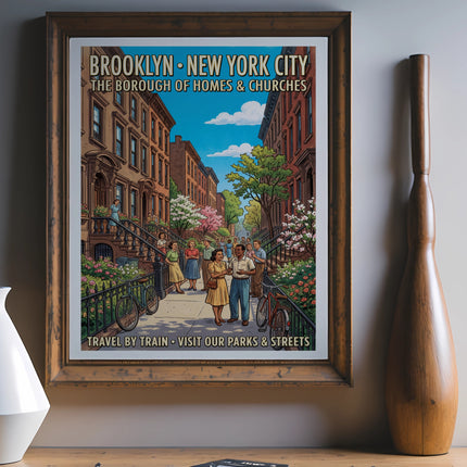 Brooklyn, New York City: "The Borough of Homes & Churches" travel poster.