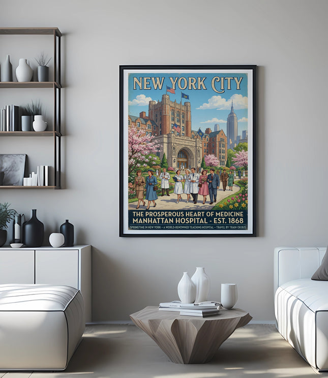 Vintage New York City poster of Manhattan Hospital in spring.