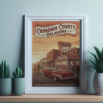 Canadian County, Oklahoma Route 66 diner illustration with vintage car and text.