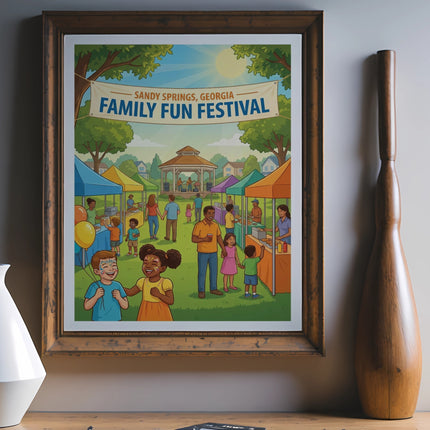 Family Fun Festival poster with Sandy Springs, Georgia text and cartoon people.