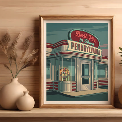 Vintage Pennsylvania diner with neon sign, framed and displayed on a shelf.