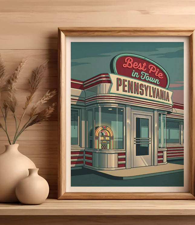 Vintage Pennsylvania diner with neon sign, framed and displayed on a shelf.