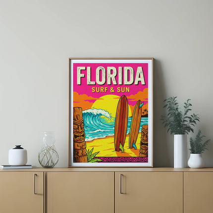 Florida Surf & Sun vintage poster with surfboards and waves.