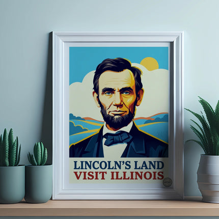 Framed "Lincoln's Land Visit Illinois" poster with Abraham Lincoln portrait.