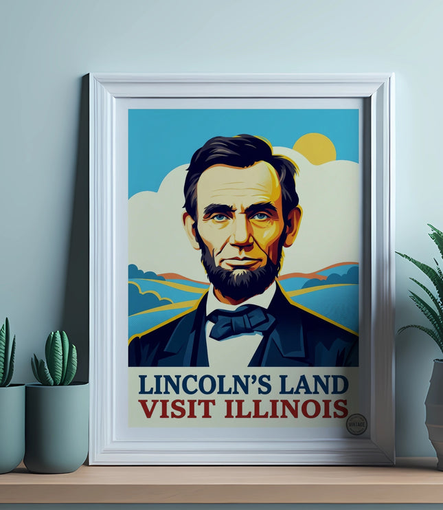 Framed "Lincoln's Land Visit Illinois" poster with Abraham Lincoln portrait.