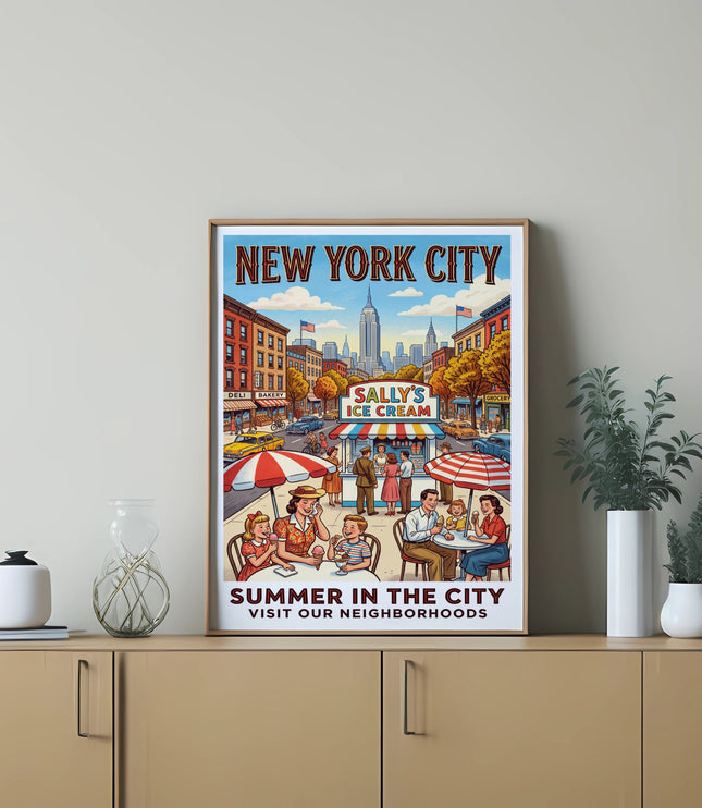 New York City poster of people eating ice cream with "Sally's Ice Cream" and "Summer in the City" text.