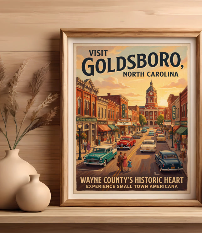 Goldsboro, North Carolina vintage travel poster with street scene and classic cars.