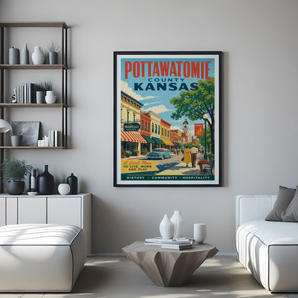 Poster of Wamego, Pottawatomie County, Kansas, featuring a vintage street scene.