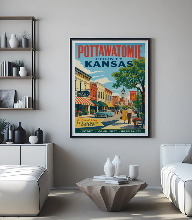 Poster of Wamego, Pottawatomie County, Kansas, featuring a vintage street scene.