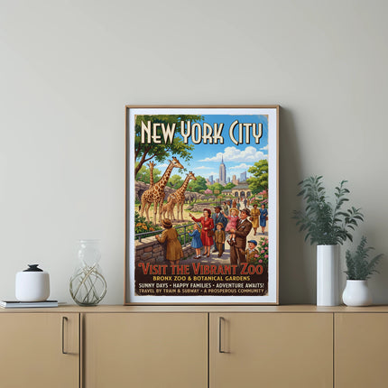 New York City poster for the Bronx Zoo featuring giraffes and people.