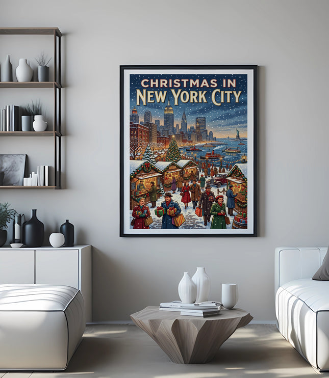 "Christmas in New York City" poster with snow falling over a busy market and cityscape.
