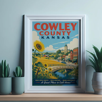 Cowley County Kansas vintage travel poster with sunflowers and bridge.