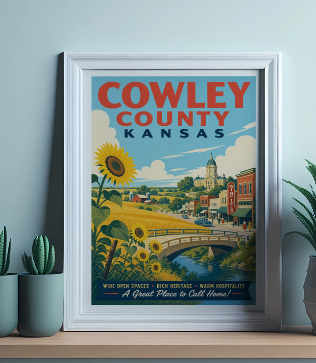 Cowley County Kansas vintage travel poster with sunflowers and bridge.