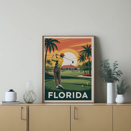 Golfer swinging on a course with palm trees and "FLORIDA" text.