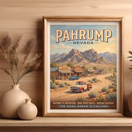 Pahrump Nevada vintage-style travel poster with desert landscape and town scene.