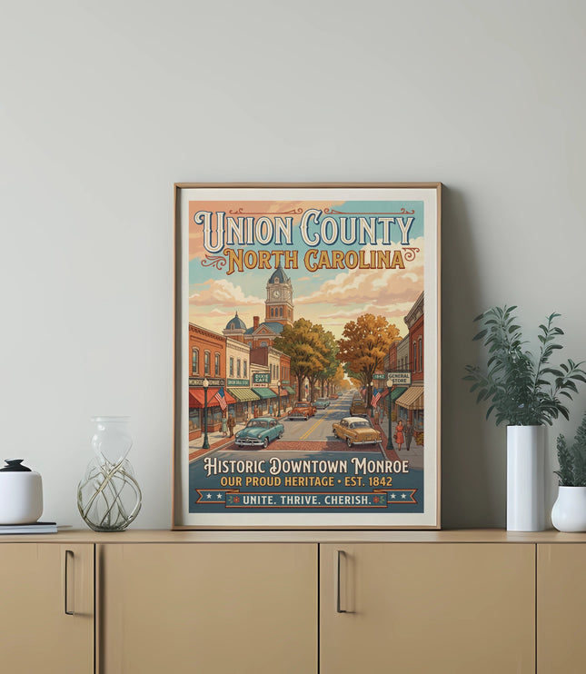 Union County North Carolina historic downtown Monroe vintage travel poster.