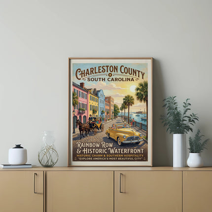 Charleston County South Carolina poster with Rainbow Row, horse carriage, and yellow car.