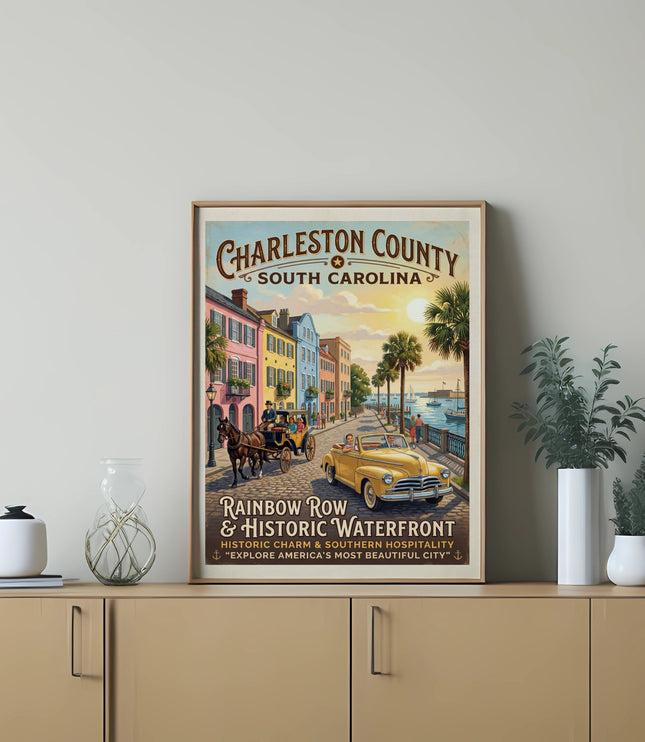 Charleston County South Carolina poster with Rainbow Row, horse carriage, and yellow car.