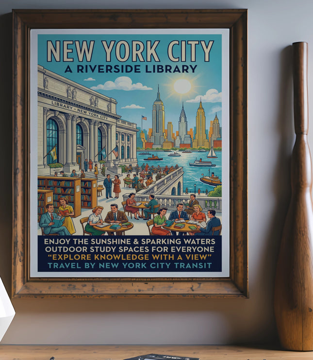 New York City Riverside Library travel poster with skyline and people reading.